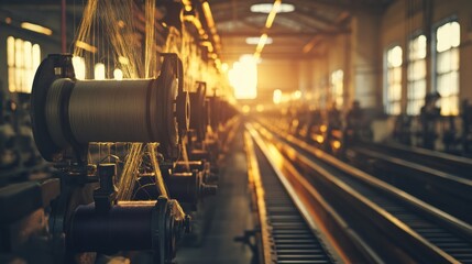 Naklejka premium Golden Hour in a Textile Factory: A Glimpse into the Art of Weaving