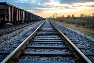 Obraz premium Endless Railway Track with Cargo Trains Awaiting Departure at Sunset : Generative AI