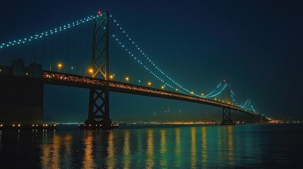 Naklejka premium Night view of a suspension bridge illuminated with lights reflected in calm water.