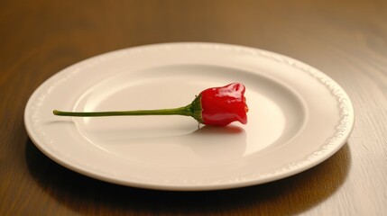 A Single Red Chili Pepper Shaped Like a Rose on a White Plate