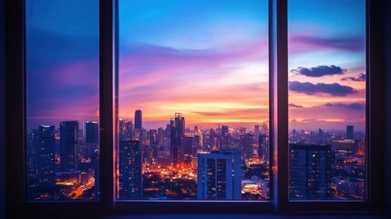 Cityscape Sunset View from Window: A Breathtaking Panorama of Urban Lights at Dusk
