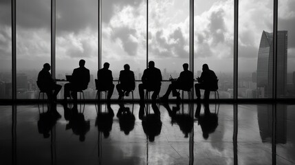 Silhouetted Business Meeting with Cityscape View