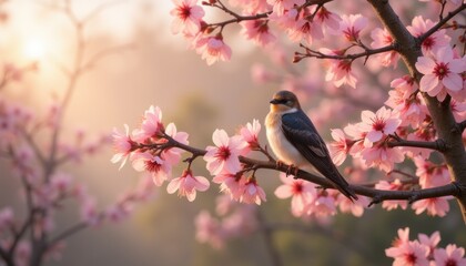 Obraz premium Photorealistic graceful swallow perched on a branch with delicate pink cherry blossoms, soft morning light creating a dreamy atmosphere and serene mood
