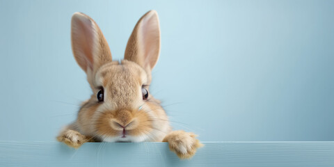 Obraz premium Close-up Portrait of Cute Bunny with Large Ears Against Light Blue Background – Easter Animal