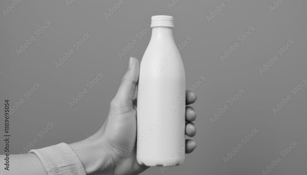 Poster person showing a bottle mockup with a monochrome gray backdrop