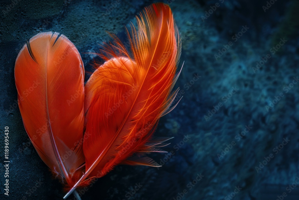 Poster two orange feathers forming a heart shape rest on a textured dark background, creating a striking co