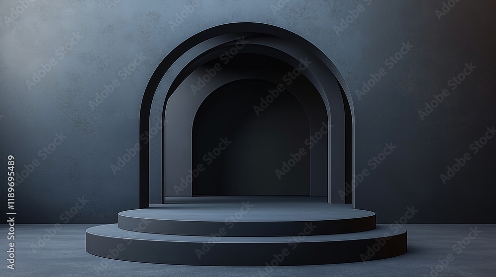 Poster dark gray podium mockup with collapsible frame. empty platform in dark gray room with arched entranc