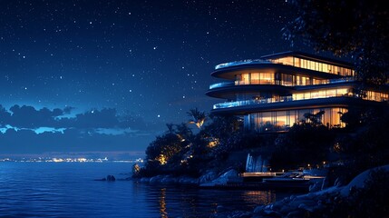 Night view of a luxury waterfront mansion with city lights in the background.