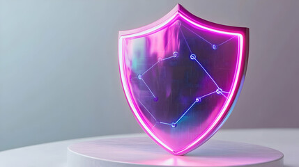 Data protection concept represented by a vibrant holographic shield with a glowing purple edge and seamless data flow texture