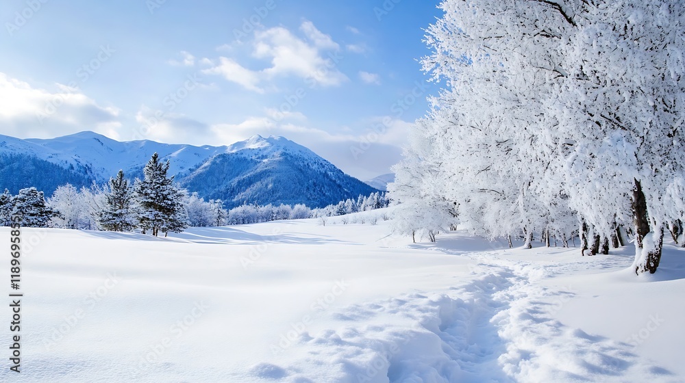 Poster beautiful winter wonderland scene with snow covered trees and mountains under a clear sky : generati