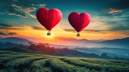 Fototapeta premium Heart-shaped hot air balloons at sunset over hills.
