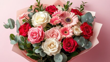 Elegant bouquet of roses and gerbera with eucalyptus on pink background