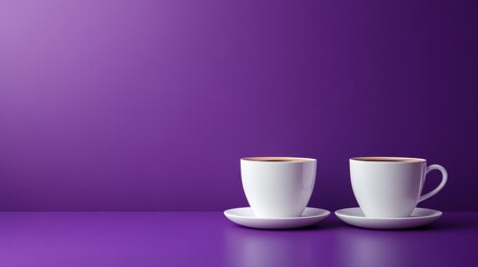 Two white coffee cups on purple background - minimalist design