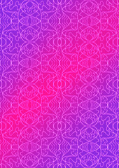 Hand-drawn abstract vertical ornament. Neon gradient (plastic pink to proton purple) background and glowing pattern on it. Cloth texture. Digital artwork, A4. (pattern: p02-1e)