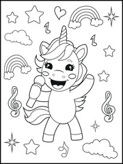 Printable Unicorn coloring page for kids. a cute unicorn singing. Adorable unicorn cartoon characters for children's activity books.
