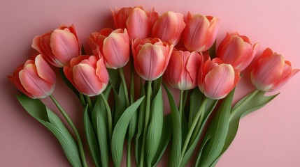 Obraz premium Vibrant pink tulips arranged on pastel pink surface displaying natural elegance