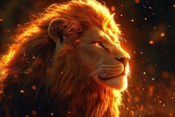 Naklejka premium A majestic lion illuminated by warm light, exuding strength and grace.