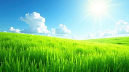 Obraz premium Serene Summer Meadow Under a Bright Sunny Sky with Fluffy White Clouds Rolling Across a Vast Green Landscape