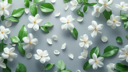Elegant white flowers and green leaves on soft gray background