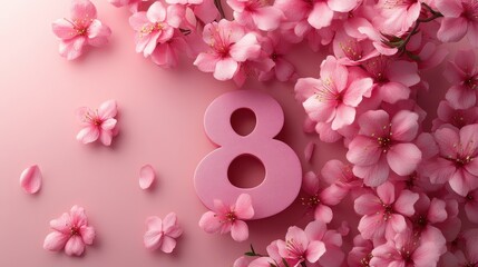 Obraz premium Pink cherry blossom flowers surrounding a decorative number eight on soft pink background