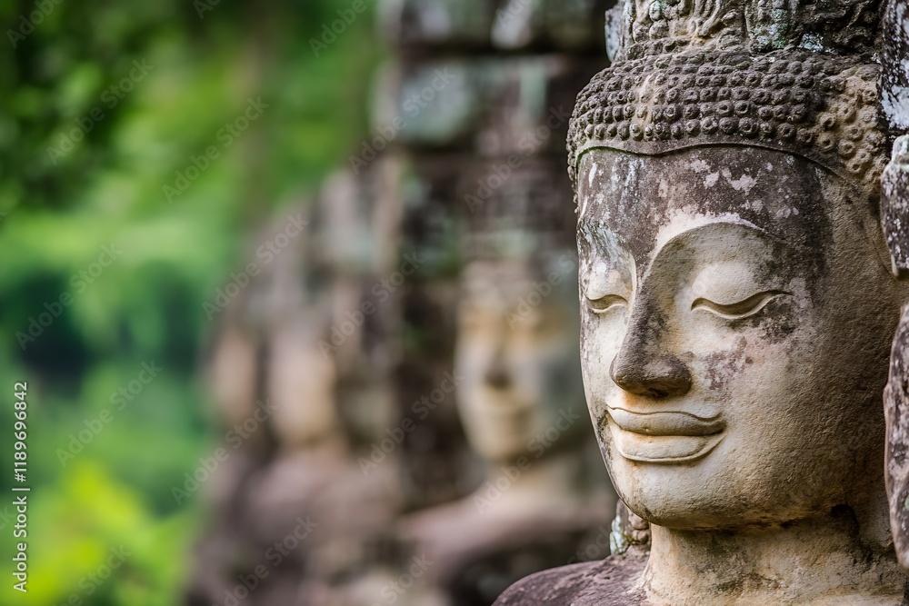 Poster serene stone buddha sculptures amidst lush greenery in a tranquil setting : generative ai