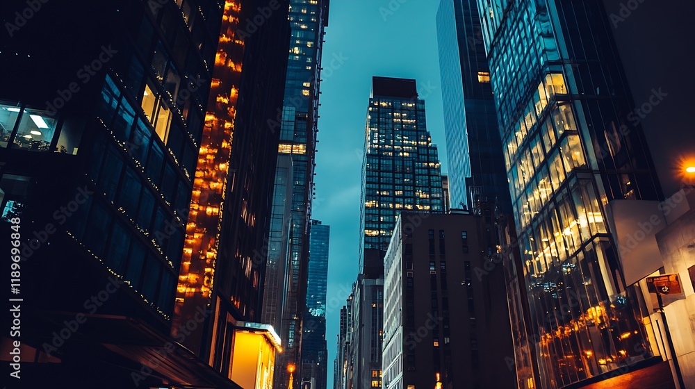 Aufkleber modern cityscape at dusk with illuminated skyscrapers and dark sky : generative ai