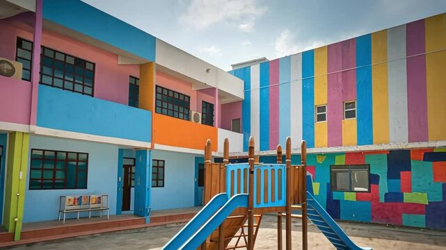 School Building: Primary school exterior with colorful walls, a playground in front.