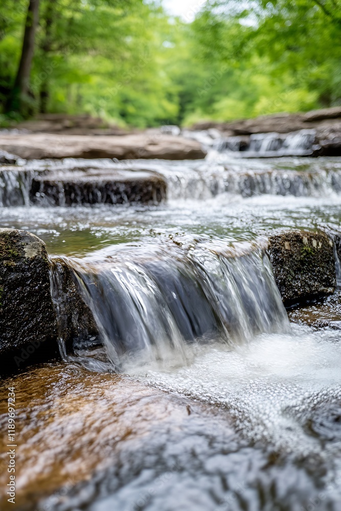 Poster Serene Cascading Waterfall over Layered Rocks in a Tranquil, Lush Green Forest Setting : Generative AI