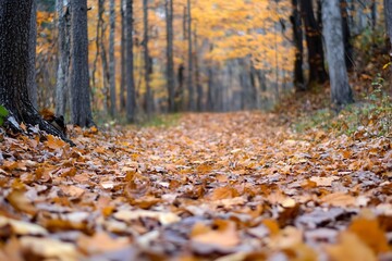 Autumn Forest Pathway Covered with Colorful Fallen Leaves and Surrounded by Tall Trees : Generative AI