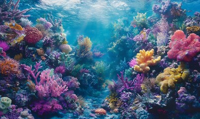 Vibrant underwater coral reef scene with diverse marine life and sunlight.