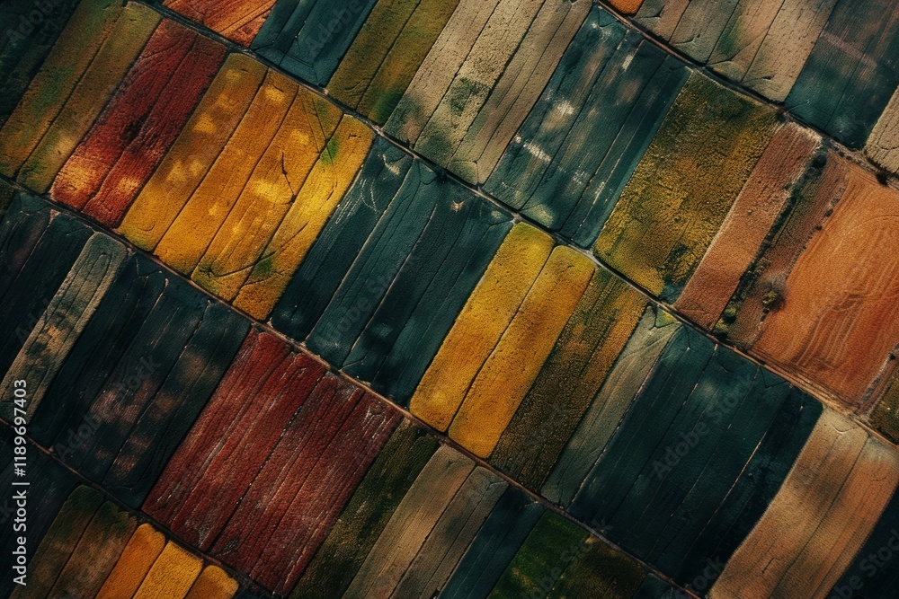 Poster aerial view of colorful agricultural fields creating a geometric pattern