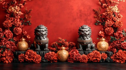 Fototapeta premium Auspicious chinese new year celebration with black and golden decor floral arrangements indoor environment