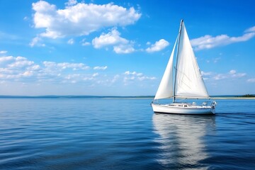 Obraz premium Serene Sailboat Gliding on Calm Sea Under Clear Blue Sky : Generative AI