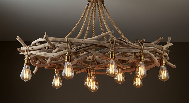 Rustic round chandelier with driftwood wood and hanging lights. Vintage lamps.
