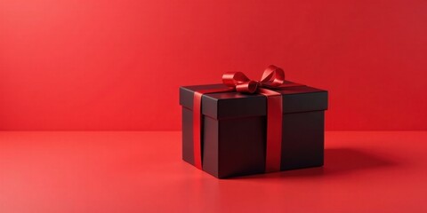 A luxuriously wrapped dark present sits on a vibrant red surface, ready for a special occasion