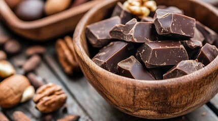Delectable assortment of rich dark chocolate pieces displayed in wooden bowl : Generative AI