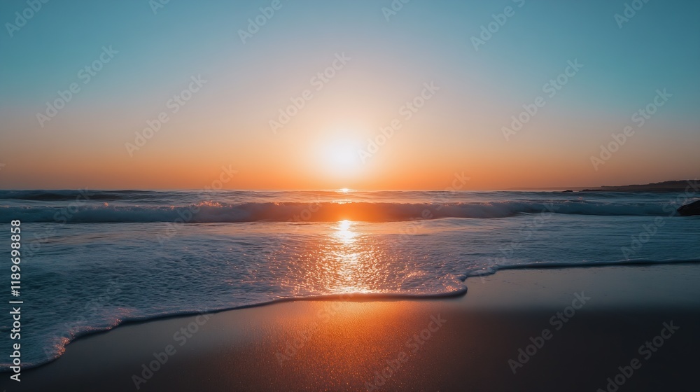 Aufkleber vibrant oceanfront sunset with waves gently lapping the shore under a serene sky : generative ai