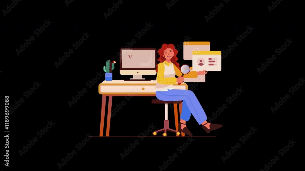 Poster a woman of european descent sitting at a desk with a computer, analyzing data and holding a document