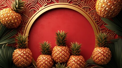 Fototapeta premium Auspicious pineapples celebrate chinese new year in a red and gold setting festive decor vibrant atmosphere