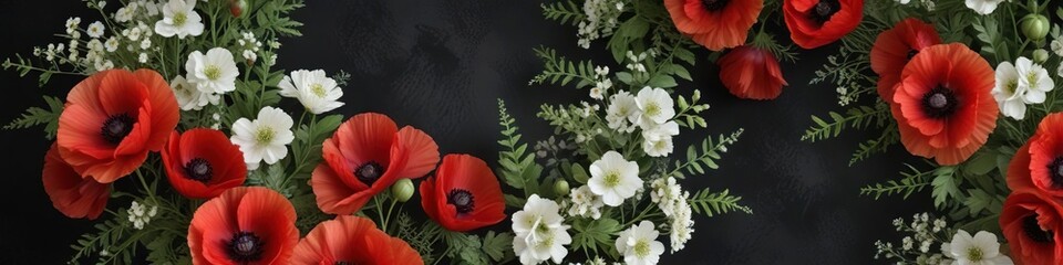 Obraz premium elegant bouquet of red poppies and white Spiraea on a dark, velvety black background with subtle texture, sophisticated, luxurious, high end
