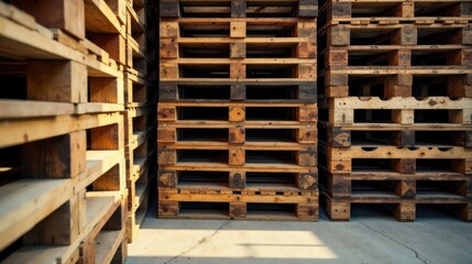 Stack of weathered wooden shipping pallets in a warehouse setting, ready for reuse or recycling.