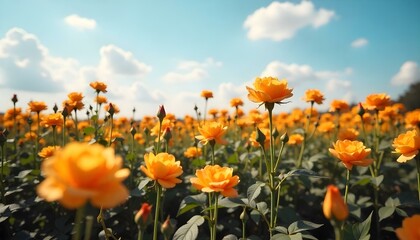 Obraz premium A field of wild roses in various shades of yellow and orange, with a clear blue sky overhead and gentle clouds drifting by, capturing the essence of a sunny summer day.