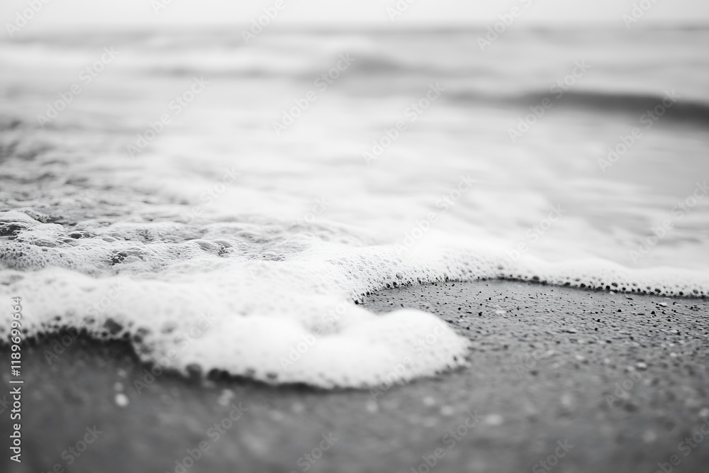 Aufkleber serene ocean waves gently lapping on sandy shoreline in black and white : generative ai
