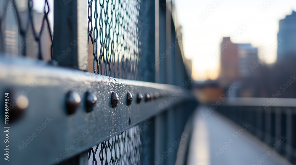 Poster artistic close up of an urban metal bridge with a depth perspective : generative ai