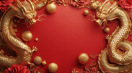 Auspicious chinese new year celebration with golden dragons red background festive decorations vibrant atmosphere