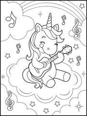 Printable Unicorn coloring page for kids. a cute unicorn playing guitar. Adorable unicorn cartoon characters for children's activity books.
