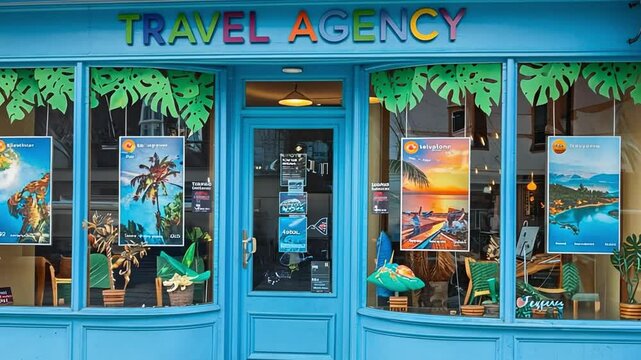 Travel Agency: The outside of the travel agency has a tropical theme. It has posters of exotic places in the windows and a colorful world map sign above the entrance.