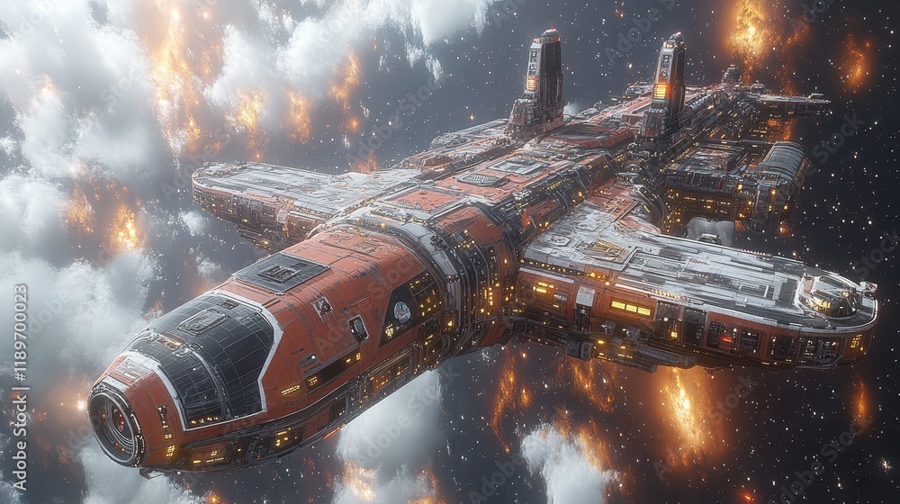 Poster a futuristic spacecraft navigating through a cosmic scene of explosions.