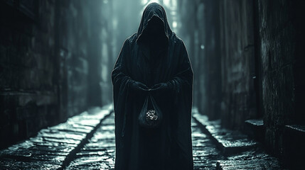 Judas Iscariot Holding Silver Coins in a Dimly Lit Alley During Biblical Times