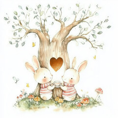 Fototapeta premium Cute rabbits sharing moment by tree, surrounded by mushrooms and butterflies, creating whimsical and heartwarming scene